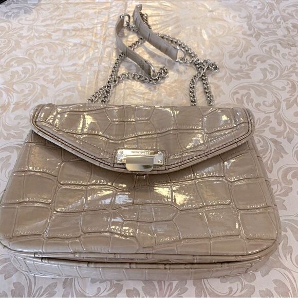 Nine West Shoulder Handbag Chain Strap Faux Croc Taupe Vegan Leather Gorgeous - Picture 1 of 9
